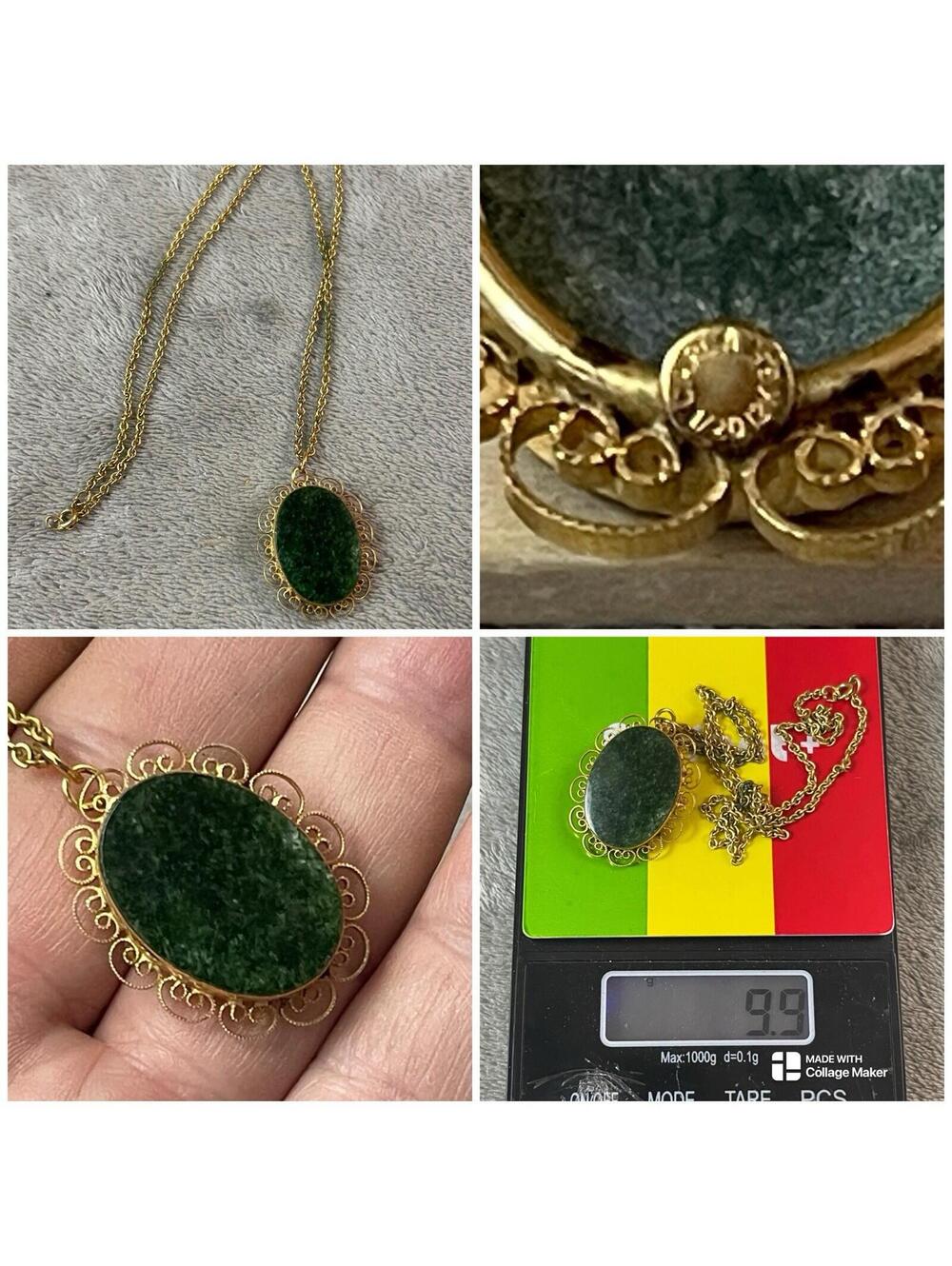 VTG Carla 1/20 12K Gold Filled Oval Green Jade Stone Pendant Brooch Necklace